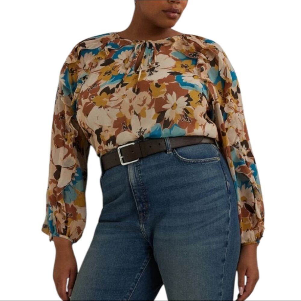 Ralph Lauren Brown & Turquoise Floral Print Peasant Boho Women's Top Size XL NEW